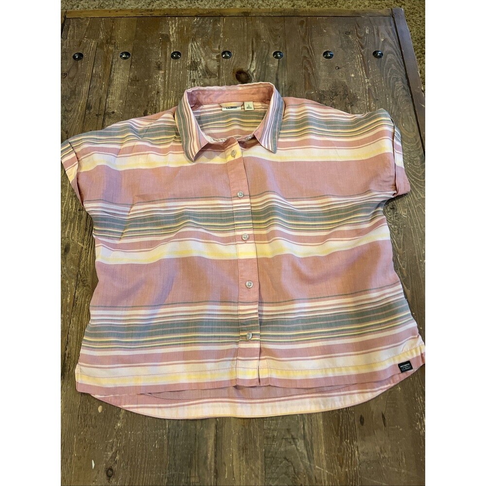 LL Bean Womens Button Up Shirt Small Striped Tencel Short Sleeve Boxy Fit EUC